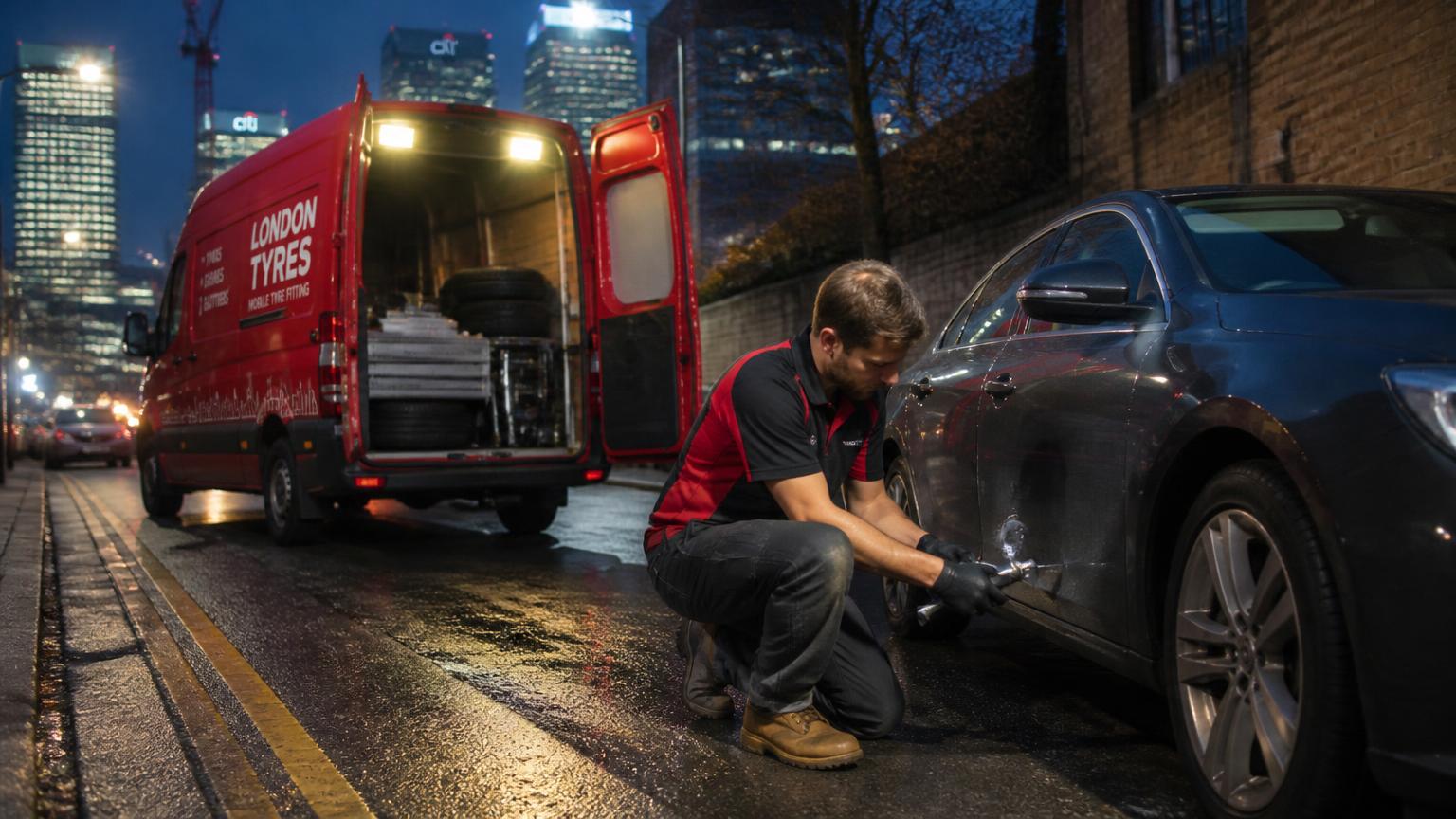 Canary Tyres mobile fitter kneeling next to a van, changing a tyre on a Canary Wharf street