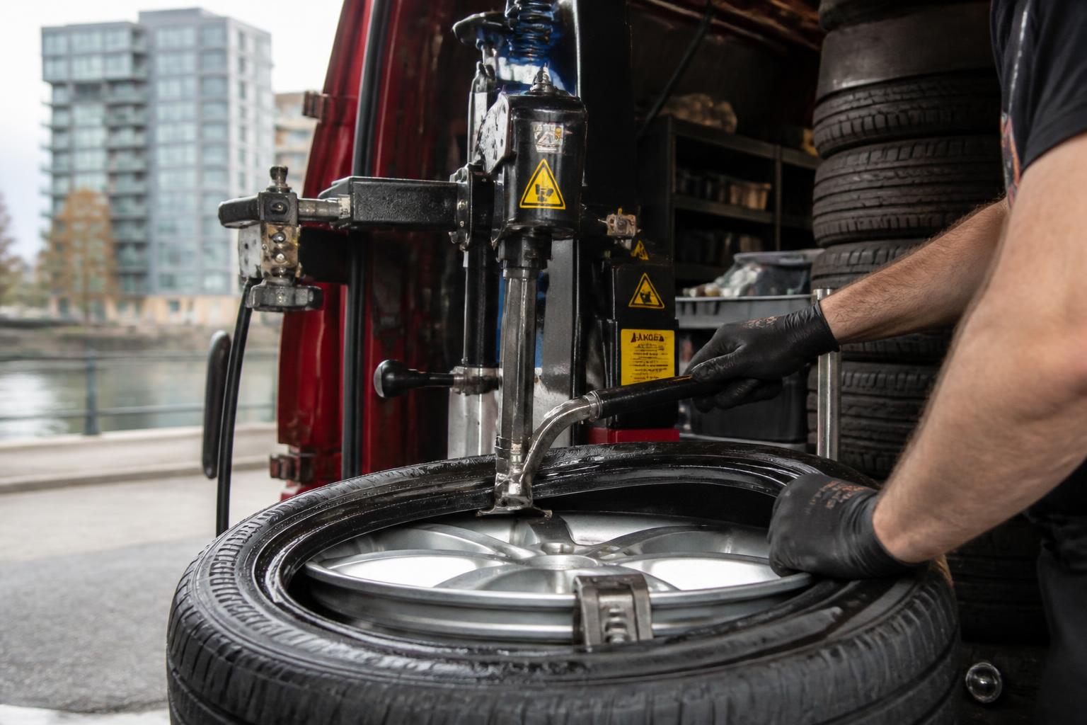 Mobile tyre fitter torquing a wheel on a customer's car in Canary Wharf